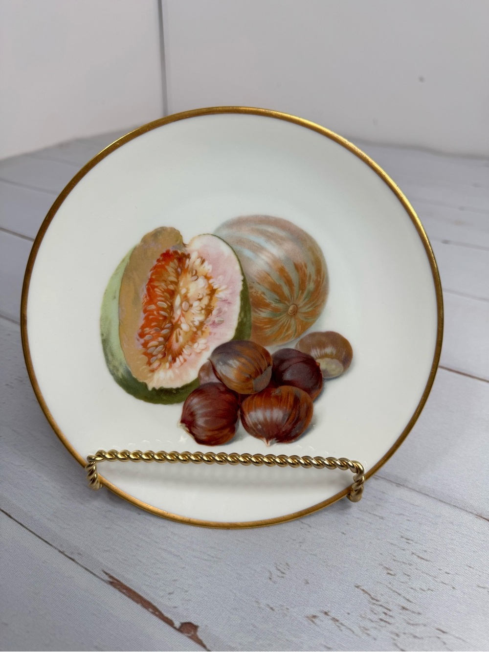 Vintage Thomas Bavaria Fruit Plate Melons & Chestnuts Hand-Painted Gold Rim
